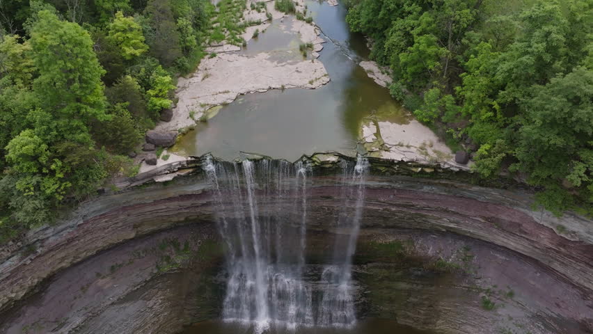Beautiful aerial of waterfall at Balls Falls, Ontario, serene nature view