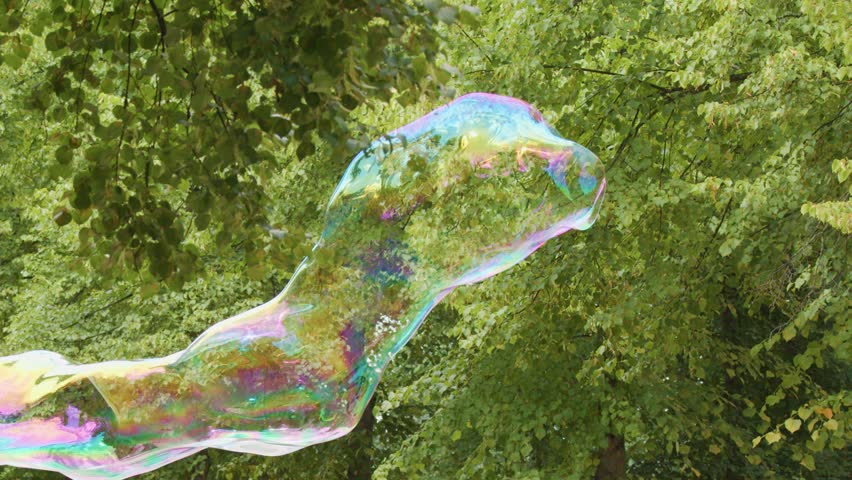 A large, iridescent soap bubble floats and twists in front of lush green trees in a sunlit park, captured in a steady wide shot