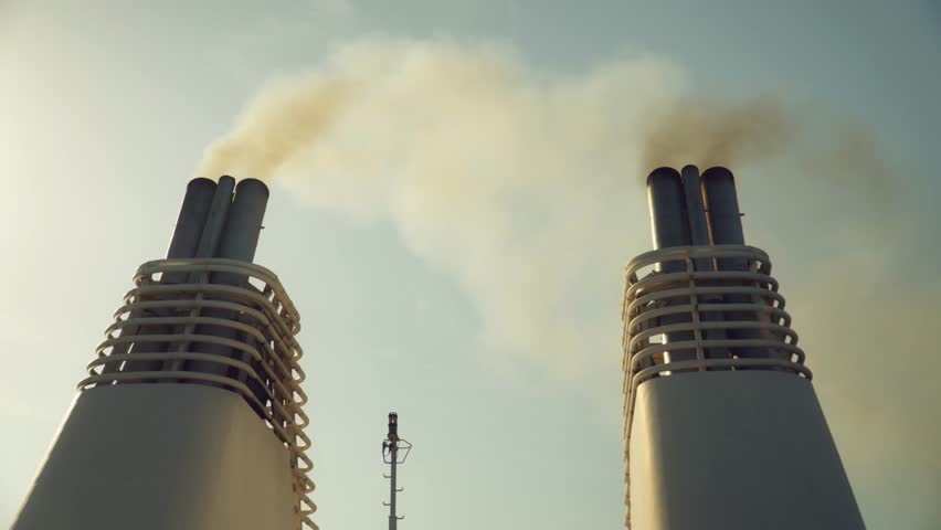 low angle shot of a ship's chimneys smoking into the blue sky
