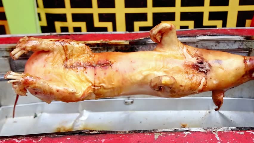 Whole roasted pig on a rotisserie, traditional Asian barbecue style with golden crispy skin, authentic street food cooking, festive cuisine for cultural celebration and feast.