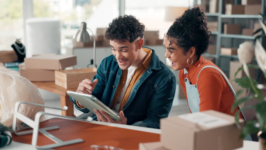 High five, tablet or happy people in small business with logistics goal, package or teamwork. News, approval or excited entrepreneurs with startup success for order, online sales or inventory target