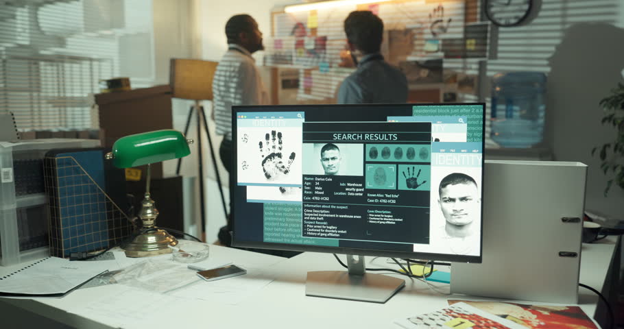 Station, screen or search on computer for investigation, identity evidence or picture in night. Wanted fugitive, late or people with record database for solving crime, fingerprint or police detective
