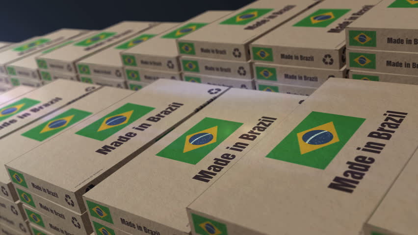 Made in Brazil box production line. Brazilian export import Cardboard pack factory. Abstract concept 3d loopable seamless.