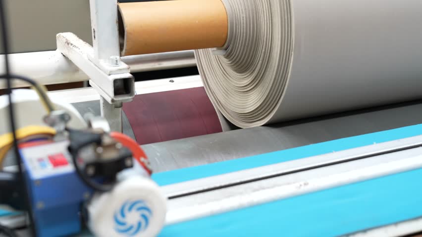 Close-up footage of a high-speed lamination machine fusing multiple textile layers. Industrial precision and automation in the fabric production process.
