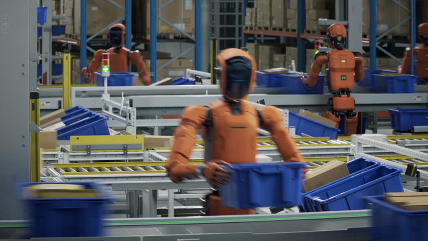 Time-lapse of Autonomous AI-Enabled Humanoid Robot Works at Fulfillment Center, Moving and Sorting Packages. Automated Warehouse or Logistics Center. Human Like Robots Work in Industrial Environment