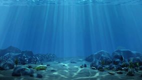 Underwater shot, sunlight streaming down through the water, illuminating the sandy bottom with some rocks and aquatic plants - Powered by Shutterstock - Get 15% off with code: PIKWIZARD15