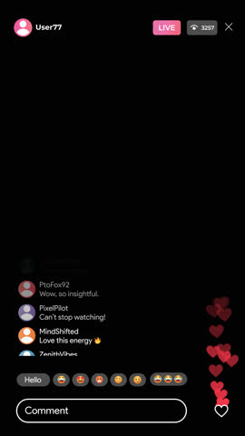 Social media livestream interface animation with heart, comments, LIVE badge, like fountain and chat UI. Vertical smartphone interface for TikTok video. Transparent alpha MOV overlay.
