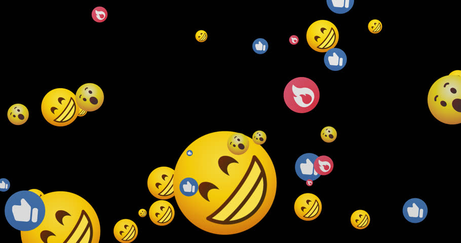 Emoji reaction transition pack: likes, hearts, laughs fly in from bottom, top and sides, plus a center blast. Perfect stingers, wipes and reveals for streams and reels. intro outro. 4K MOV with alpha.