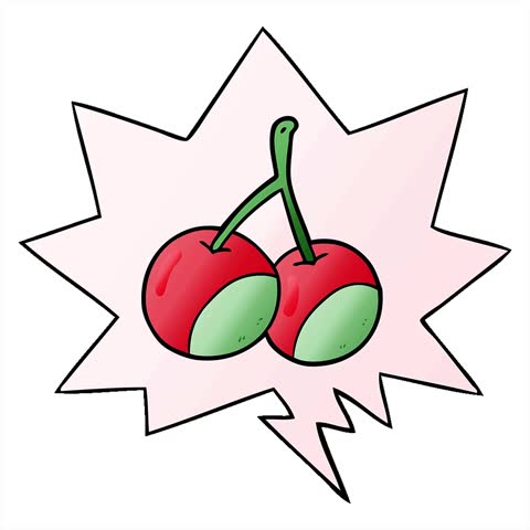 Simple looping animated cartoon cherries with speech bubble in smooth gradient style