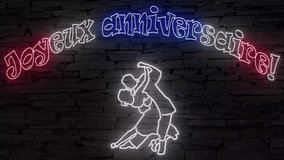 Joyeux anniversaire! (French happy birthday) silhouette of dancing couple in French colors illuminated 3d illustration retro neon signs on dark brick wall 10s4k video art, flickering + sweet! - Powered by Shutterstock - Get 15% off with code: PIKWIZARD15