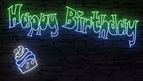 Happy Birthday in green and blue with sweet muffin and starburst illuminated 3d illustration retro neon signs on dark brick wall 10s4k video art, flickering + sweet! Birthday wishes for family friends - Powered by Shutterstock - Get 15% off with code: PIKWIZARD15