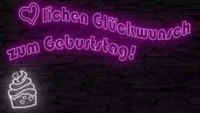 ♥lichen Glückwunsch zum Geburtstag (German happy birthday) pink and silver starbursts, muffin illuminated 3d illustration retro neon signs on dark brick wall 10s4k video art, flickering + sweet! - Powered by Shutterstock - Get 15% off with code: PIKWIZARD15