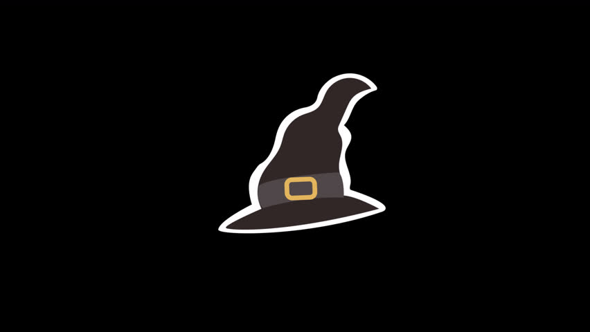 A stylized witch hat with a buckle animates dynamically on a black background. Perfect for Halloween, magic, and spooky holiday content, with a clean graphic style.