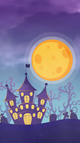 A spooky cartoon castle in a graveyard under a purple night sky. Bats fly past a giant full moon as lightning flashes in this animated Halloween scene. Vertical format.