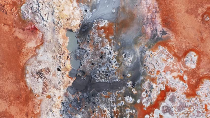 Aerial view of a geothermal area in Iceland featuring orange and white mineral deposits, gray water channels, and dynamic flow through the landscape.