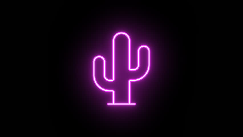 Neon cactus icon animation, color flicker. Glowing neon cactus plant, looped color blink animation. Saguaro cactus icon, western adventure, mexican desert, wild nature. 4 colors