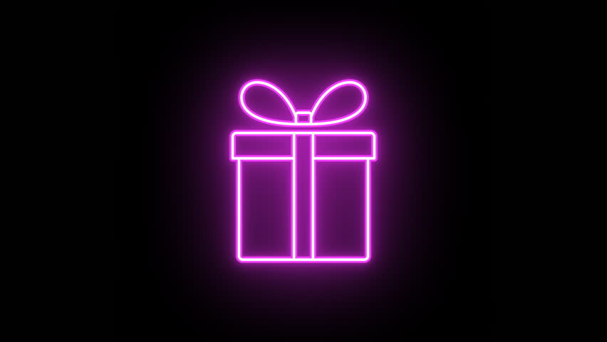 Neon gift icon animation, color flicker. Glowing neon gift box icon, looped color blink animation. Festive present, birthday gift, surprise, bonus prize, giveaway reward. 4 colors