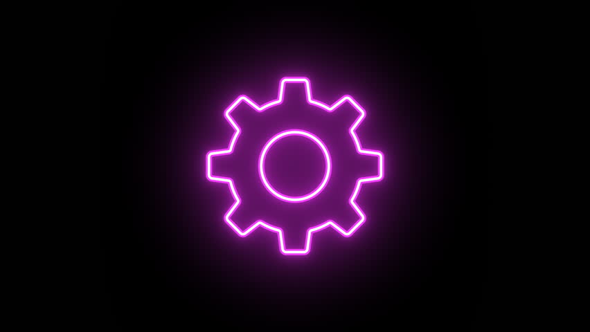 Neon cogwheel icon, color flicker animation. Glowing neon gear wheel icon, looped color blink animation. Settings control, adjustment tool, system configuration, update. 4 colors