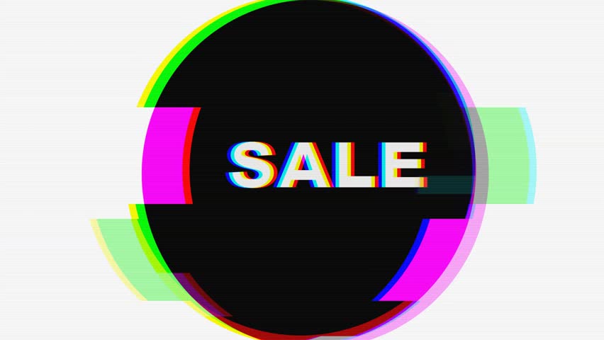 4k Loop animation of Sale Glitch text on black circle, vibrant 90s design. Retro style, neon distortion, bold colors. Black Friday Sale banners, digital marketing, modern 90s Y2K creative visuals - Powered by Shutterstock - Get 15% off with code: PIKWIZARD15