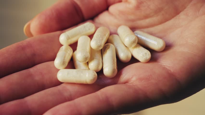 Close-up of a hand holding capsules. Herbal medicine pills.