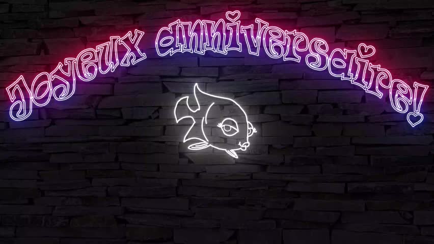 Joyeux anniversaire! (French happy birthday) silhouette of happy fish illuminated 3d illustration retro neon signs on dark brick wall, sweet birthday wishes and invitation to drinks, 10s 4k video art