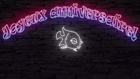 Joyeux anniversaire! (French happy birthday) silhouette of happy fish illuminated 3d illustration retro neon signs on dark brick wall, sweet birthday wishes and invitation to drinks, 10s 4k video art - Powered by Shutterstock - Get 15% off with code: PIKWIZARD15