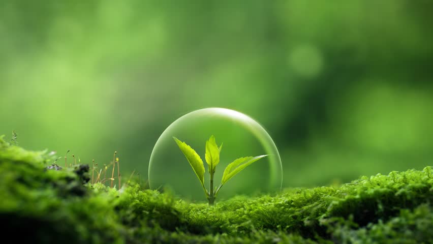 Seedling growing on moss with green forest icon - environment esg concept, ecology and sustainable environment of the world. Eco-friendly green business. ecology, earth day, csr and net zero