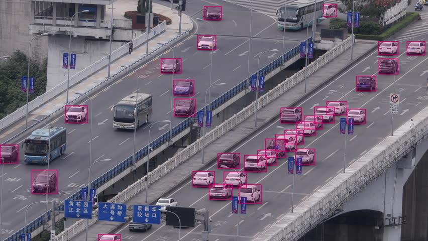 Timelapse of the Chongqing traffic street scene in china with overlayed data and AI information 