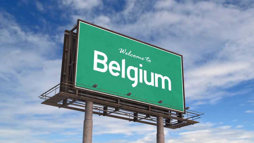 Welcome To Belgium Road Sign. Airplane Landing Belgium.