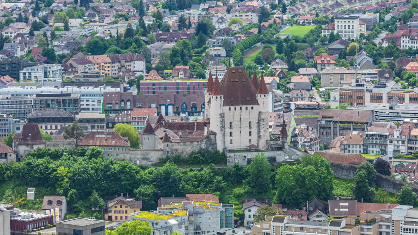 Time lapse, aerial view of the European castle. Thun Castle, Thun, canton of Bern, Switzerland.