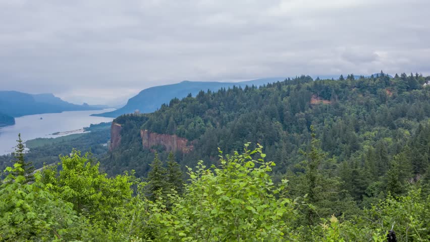 Aerial footage shows sweeping views of Columbia River Gorge from Crown Point in Oregon, highlighting natural beauty.