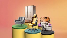 Modern home furniture showcase with armchair, wardrobe, gaming chair and robot vacuum on colorful podiums, stylish interior concept - Powered by Shutterstock - Get 15% off with code: PIKWIZARD15