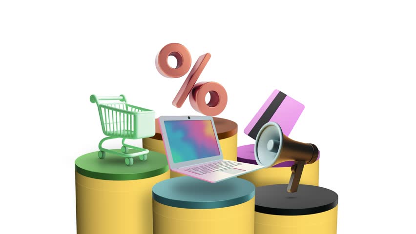 Online Shopping, Discount and E-Commerce Concept - Shopping Cart, Laptop, Credit Card, Percentage Symbol and Megaphone 3D Illustration