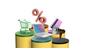 Online Shopping, Discount and E-Commerce Concept - Shopping Cart, Laptop, Credit Card, Percentage Symbol and Megaphone 3D Illustration - Powered by Shutterstock - Get 15% off with code: PIKWIZARD15