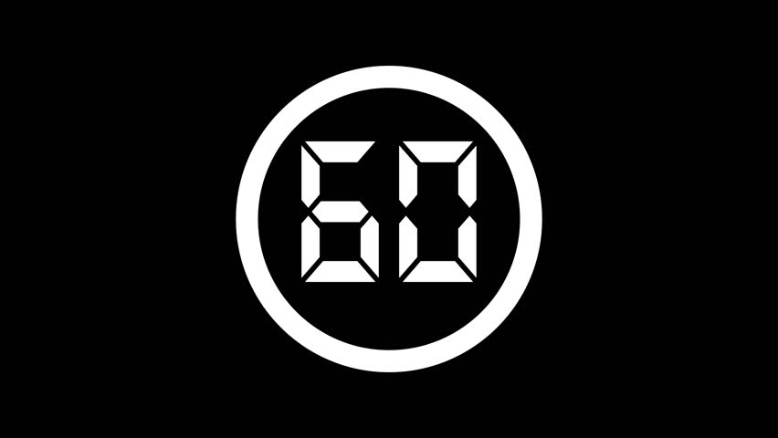 Modern white digital timer counting down from 60 to 0 on black background. 1 minute timer animation. 60 second countdown timer with shrinking white circular frame