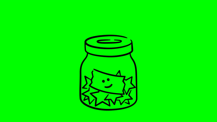 3D animation of a smiling yellow star inside a glass jar on green screen background. Perfect for compositing in video projects, kids content, and creative designs.