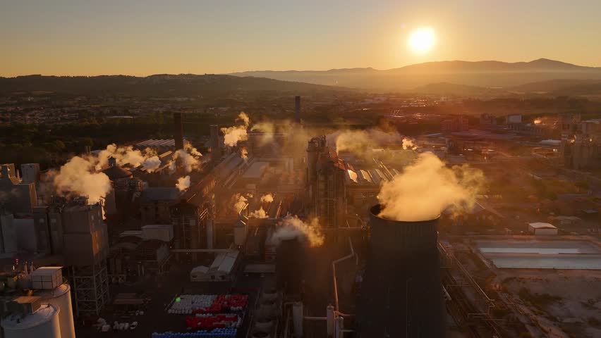 Drone view of vast industrial factory with towering smokestacks, expansive grounds, and glowing sunset sky, highlighting industrial scale and atmospheric evening mood - Powered by Shutterstock - Get 15% off with code: PIKWIZARD15