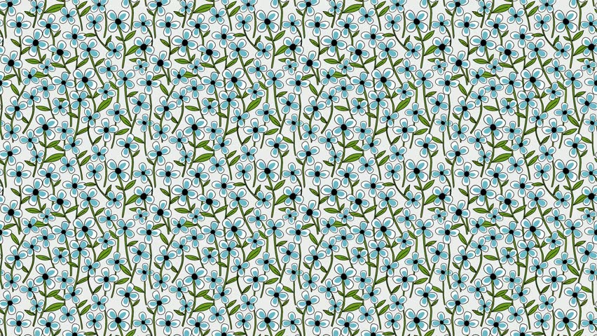Seamless floral pattern video with white and blue flowers with long green stems and leaves on white background. Could be used as wallpaper or background for any content, loops continuously. 