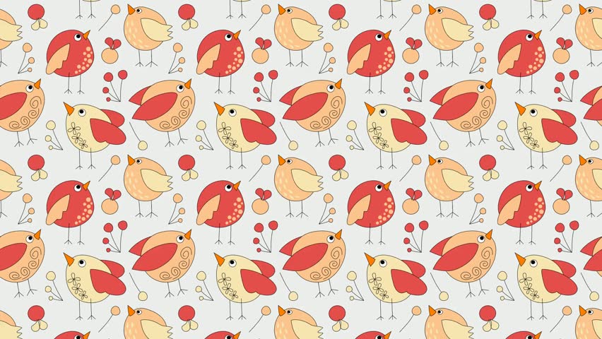 Seamless pattern with birds and flowers in bright red and yellow colors on white background.Cartoon hand drawn birds could be used as video wallpaper or background for any content, loops continuously.