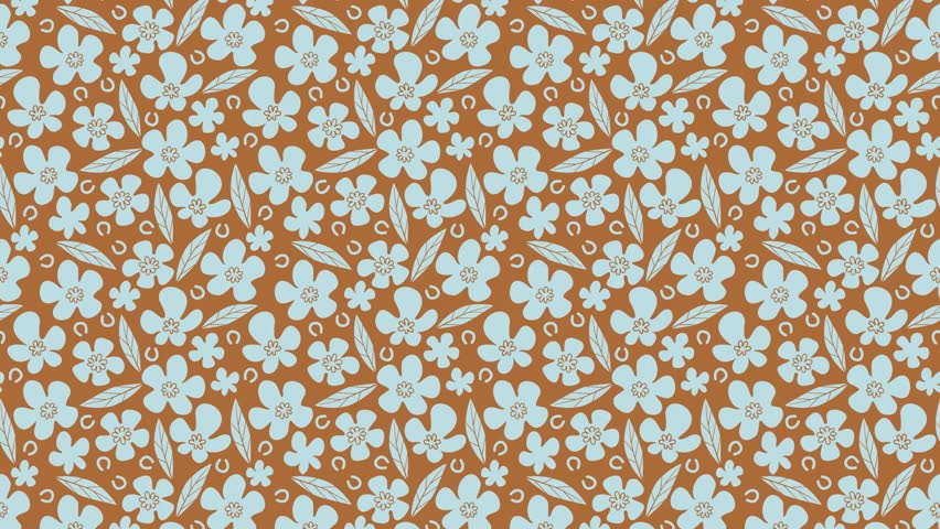 Seamless floral pattern video with blue flowers and leaves on brown background.  Loops continuously. Could be used as wallpaper or background for any content.