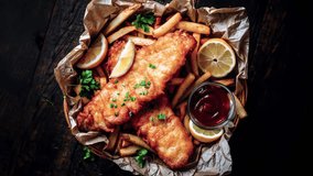 Crispy fried fish served with golden fries, lemon, and dipping sauce. - Powered by Shutterstock - Get 15% off with code: PIKWIZARD15