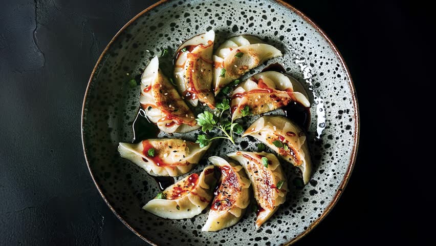  Close-up of steamed dumplings served on a ceramic plate, garnished with herbs.