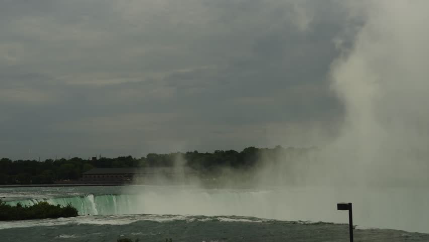 Powerful mist rises from Horseshoe Falls at Niagara, framed by cloudy skies and a sweeping river view.