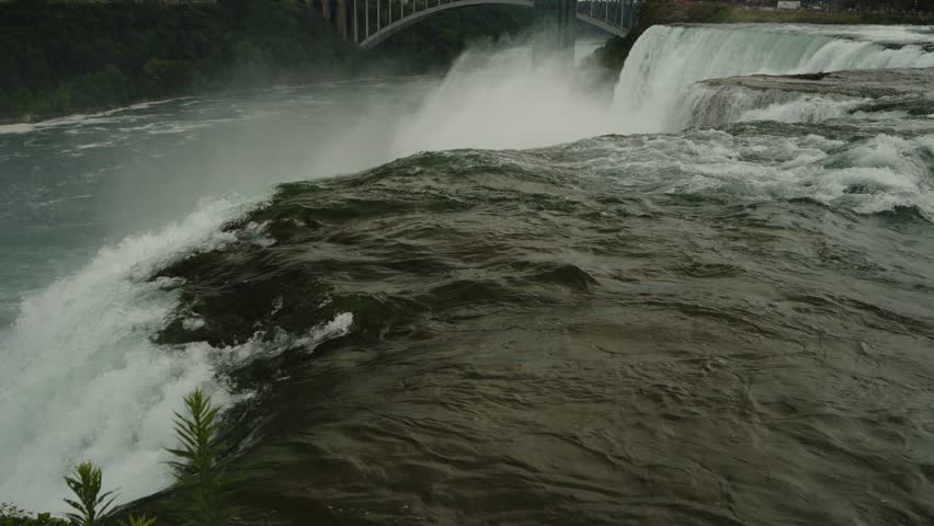 Wide shot of bridge spanning over roaring rapids at Niagara Falls under cloudy skies.