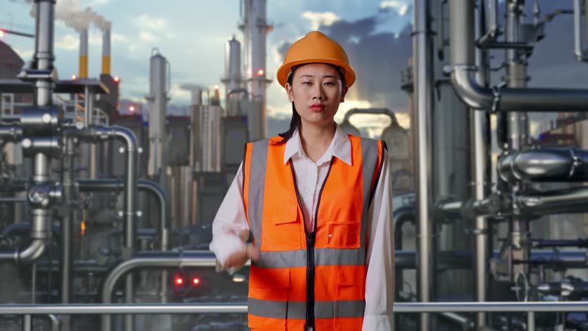 Asian Female Engineer With Safety Helmet Disapproving With No Hand Sign While Standing In a Refinery, Oil Processing Equipment And Machinery