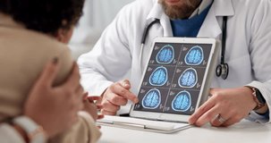 X ray, tablet and doctor with child for consulting, explain diagnosis and neurology treatment. Healthcare, pediatrician and girl with digital brain scan for surgery, medical service and results - Powered by Shutterstock - Get 15% off with code: PIKWIZARD15