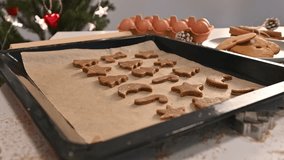 Womans puts gingerbread christmas cookies on a baking tray  - Powered by Shutterstock - Get 15% off with code: PIKWIZARD15