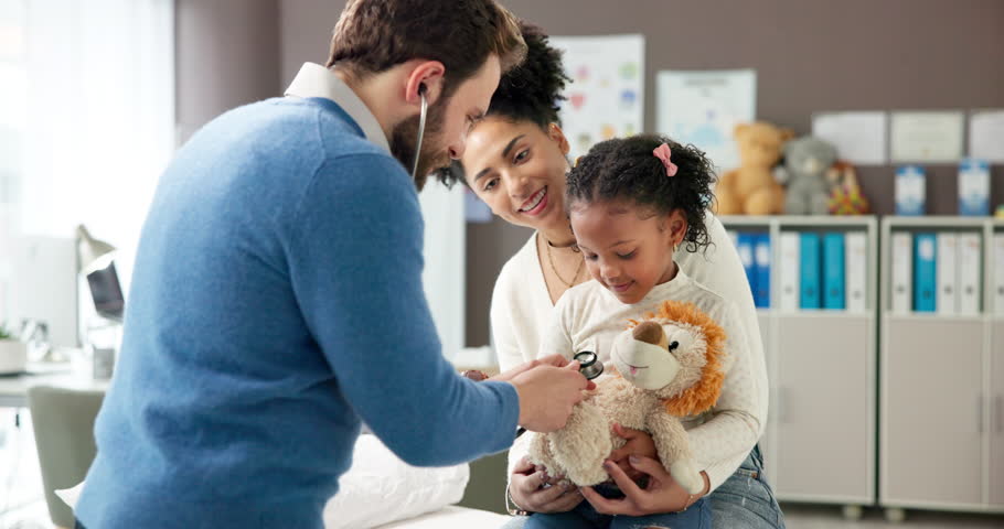 Teddy bear, test and child with doctor for breathe of patient for clinic game, checkup or treatment. Play, listen and healthcare pediatrician consulting mom with kid, stethoscope or stuffed animal