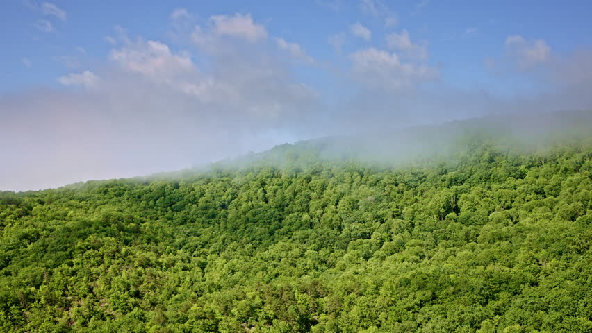 Mist-filled mountain landscape captured by drone in North Carolina.