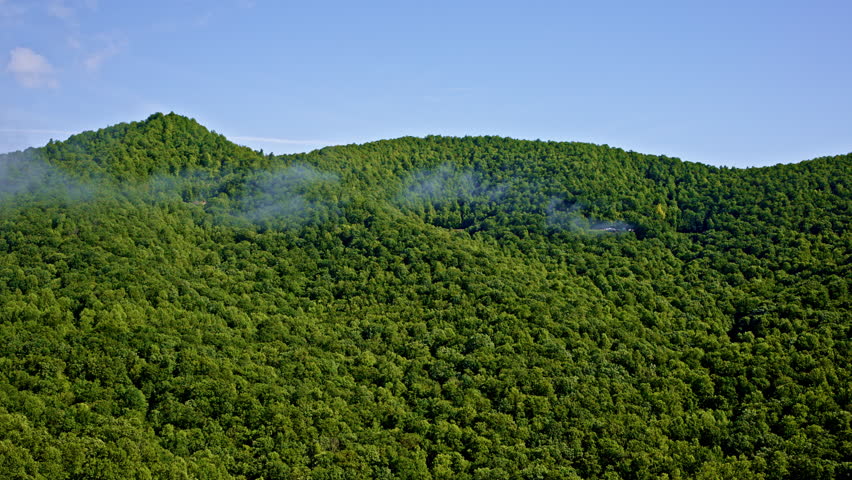 High-altitude shot of the misty Smoky Mountains in the United States.